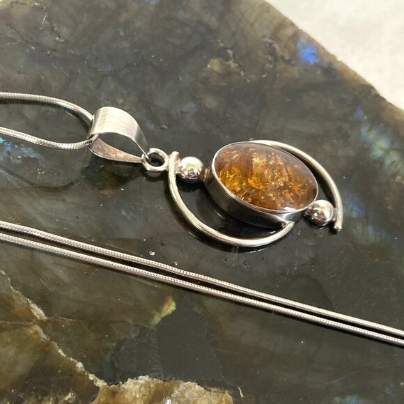 Sterling Silver 950 Mexico Geometric Oval Baltic Amber Pendant Necklace 18" - Picture 7 of 16